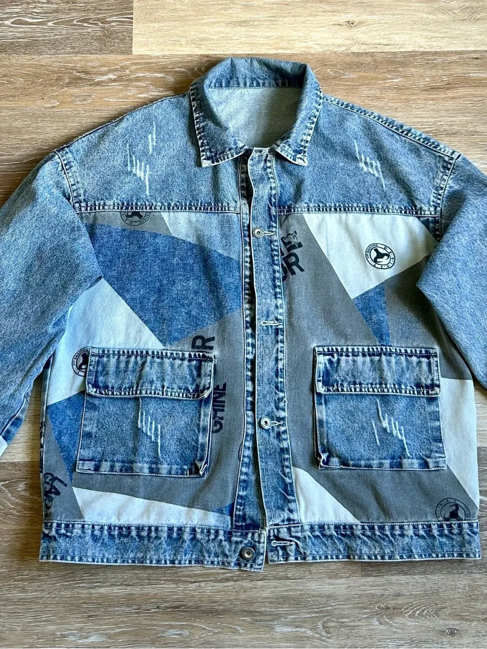 Patchwork Blue Denim Jacket with Front Flap Pockets
